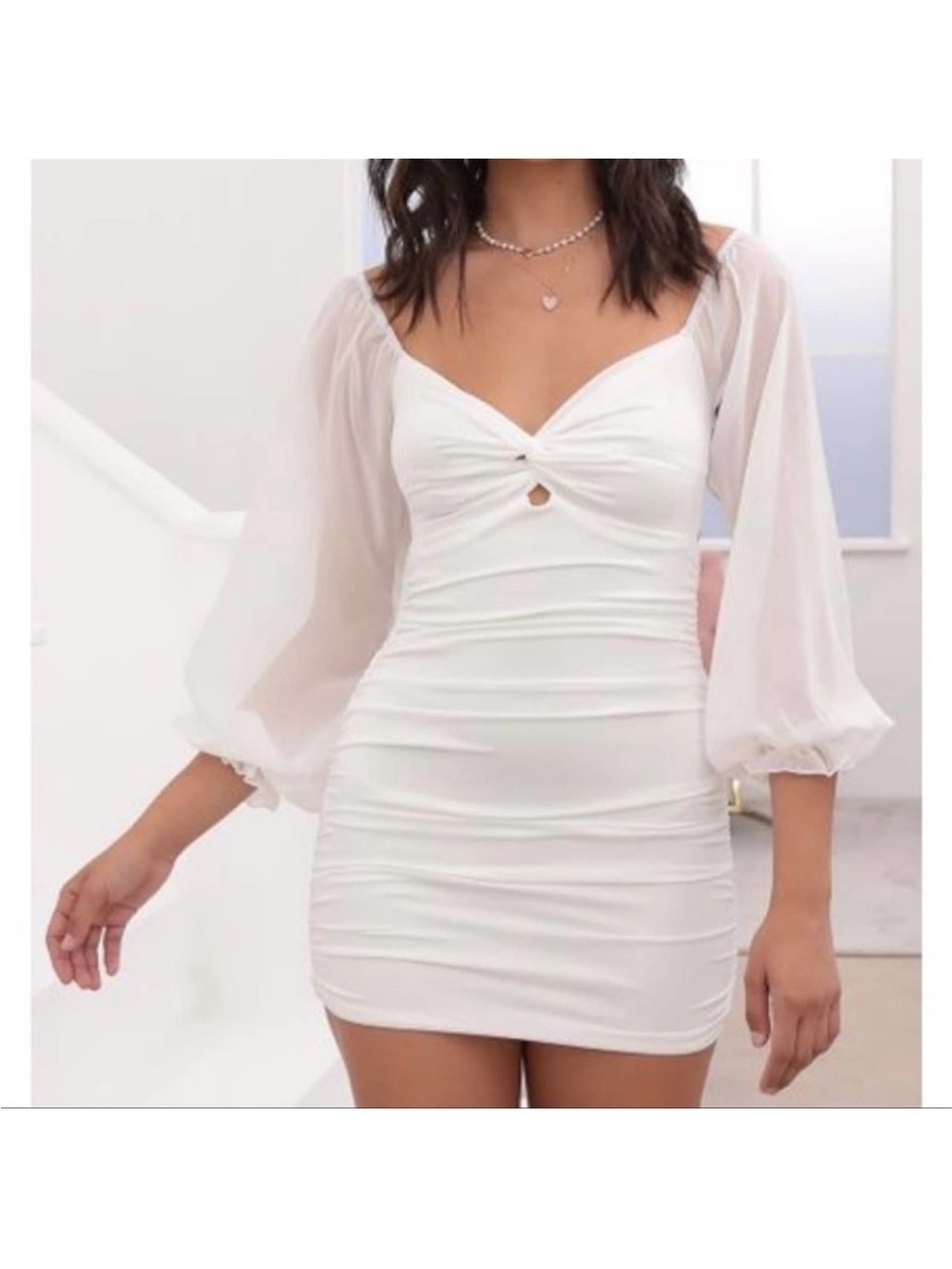 Lucy In The Sky Denisse White Chiffon Sheer Sleeve Bodycon Tie Back Ruched Dress